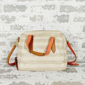 Authentic Fossil Cowhide Leather Trim Beige Striped Handbag Shoulder Bag 0709